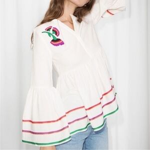 & OTHER STORIES Linen Blend Rik Rak Embroidered Blouse Size 2